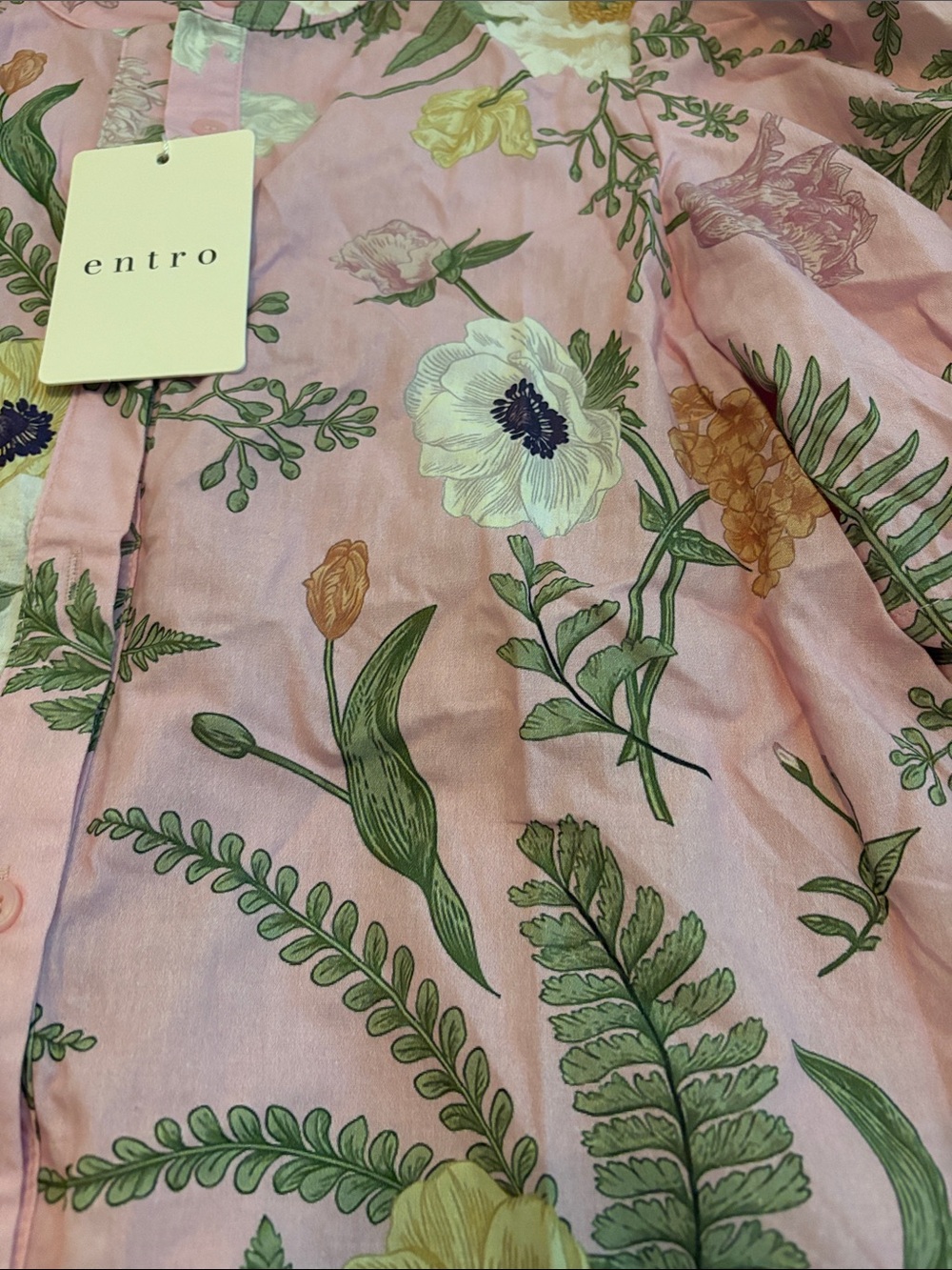 NWT Pink Floral Button Down Blouse Entro Ruffle Neck Puff Sleeves Pink Green S - Picture 3 of 8